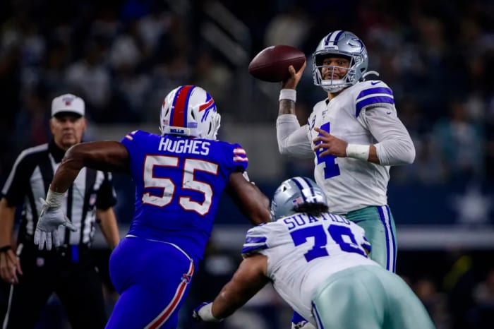Cowboys quarterback Dak Prescott pressured during a game against the Bills in 2019.